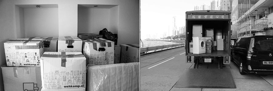 black and white images of a pile of boxes in a room and a loading truck with its roller door open showing appliances inside