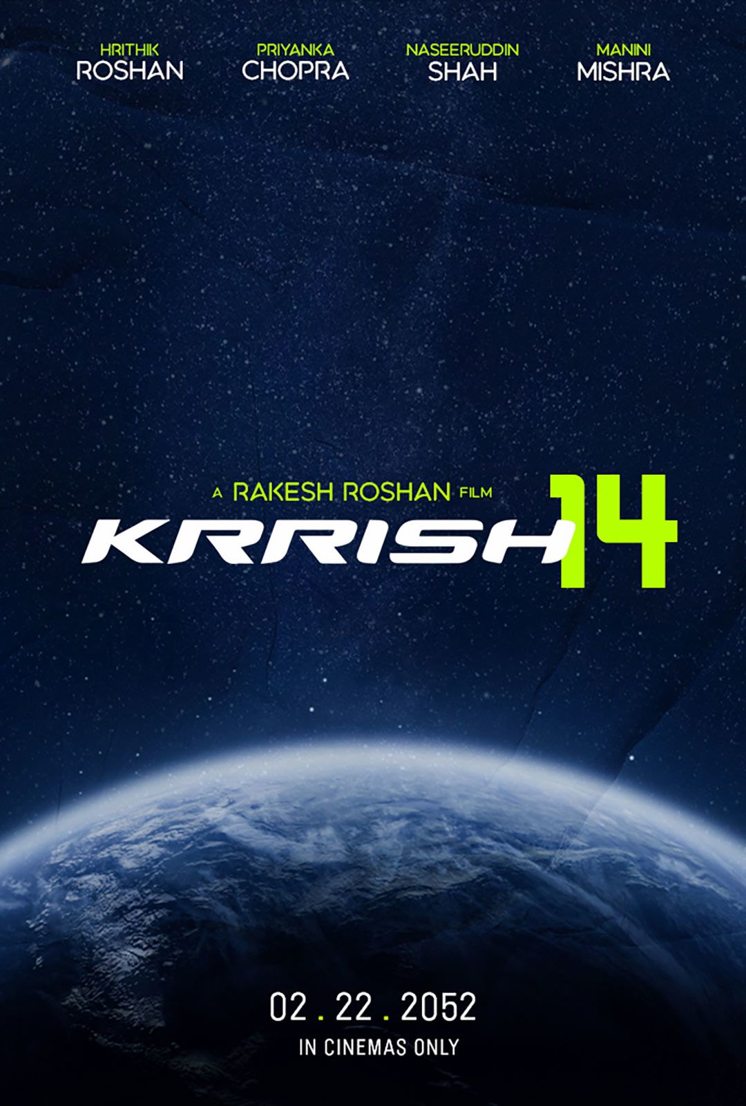 mocked up movie poster promoting krrish 14 with an image of the world from space