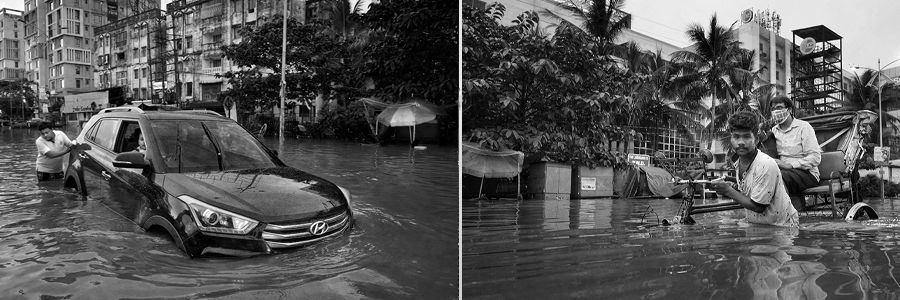black and white images of a car stranged in flood waters and a man pushing a cart through flood waters