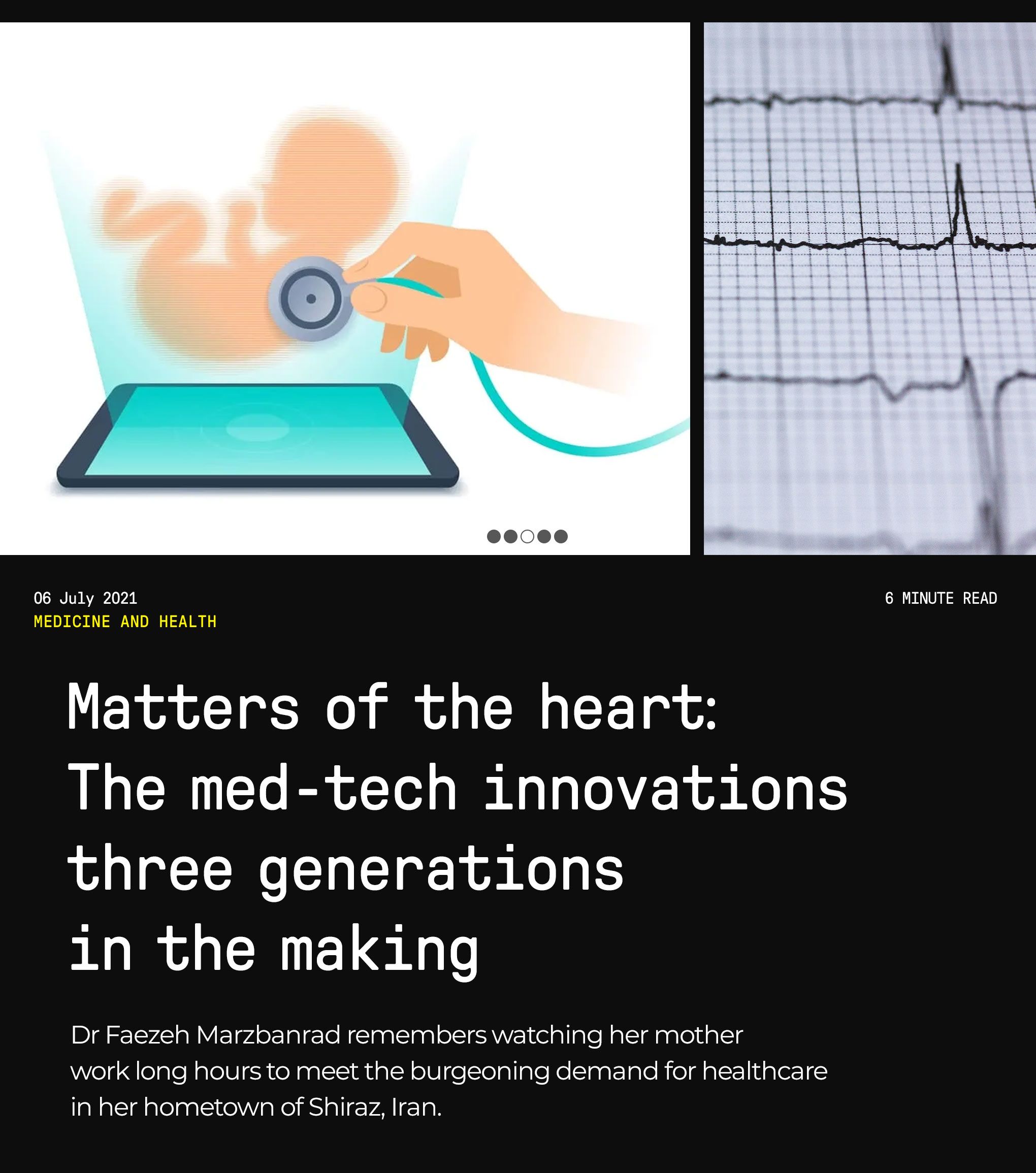 mock of online news article promotion matters of the heart: the med-tech innovations three generations in the making with an image of a baby hovering above an ipad