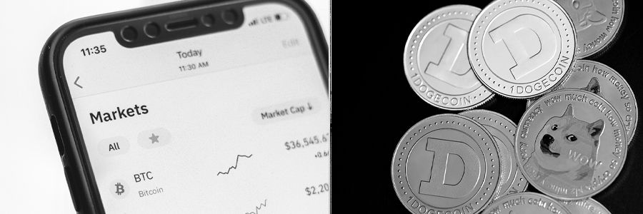 black and white image of phone with stock market prices for BTC and dogecoin pile 
