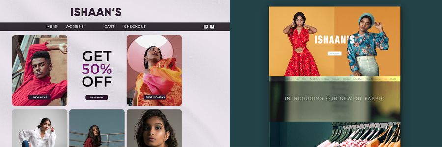 mocked up websites of ishaans fashion label showing male and female models wearing bright clothes