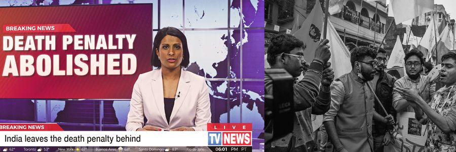fake news headline with female news reporter claiming the death penalty has been abolished