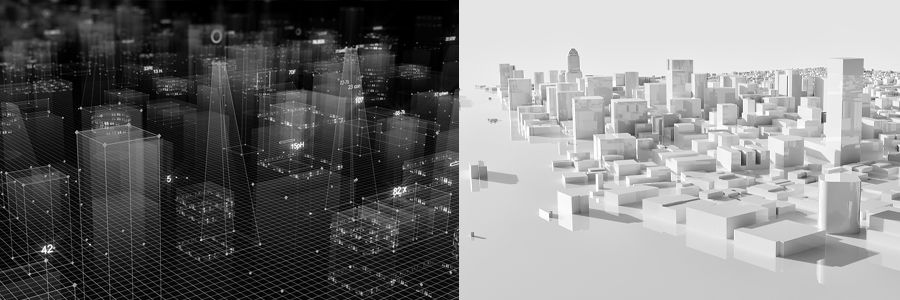 3d renders of cityscapes in black and white