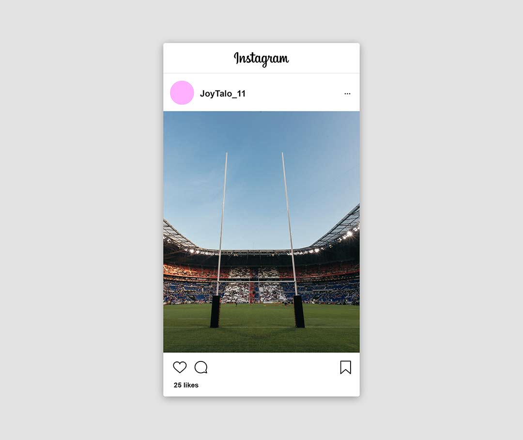 a mock up of Joys instagram feed with a photo of rugby goals