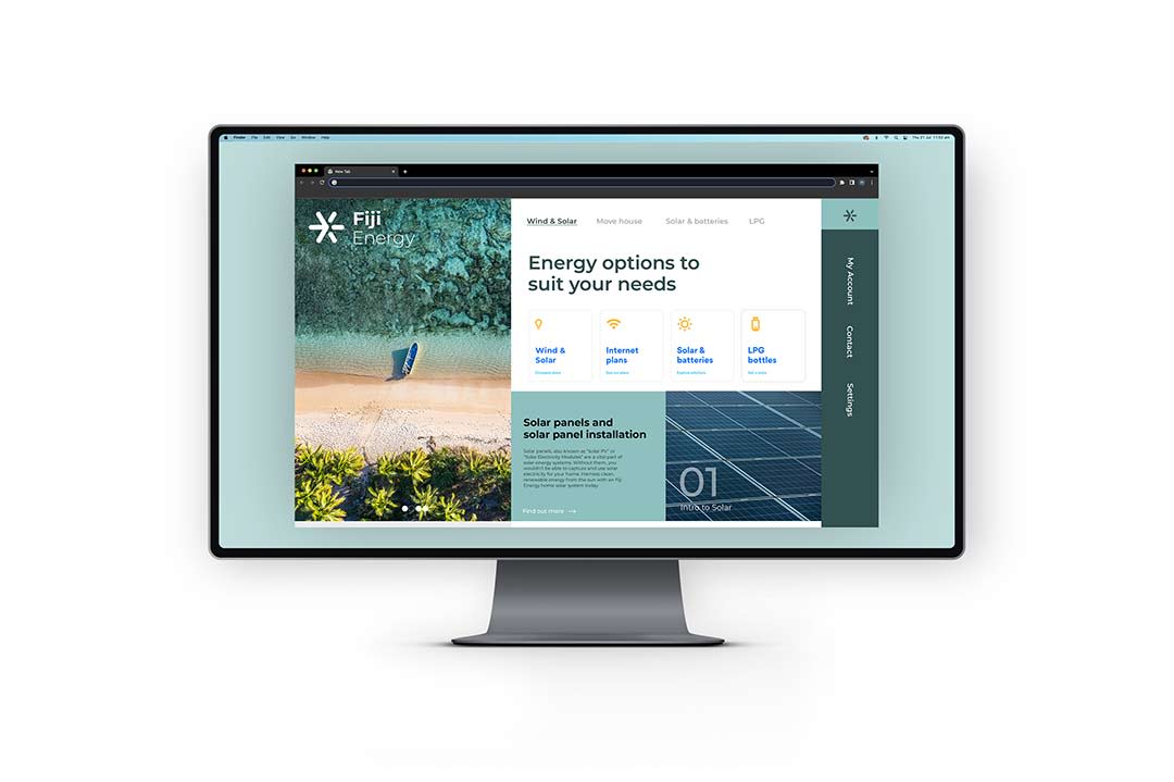 mock up of fiji energy website with colourful image of beach on left side and information about pricing to the right