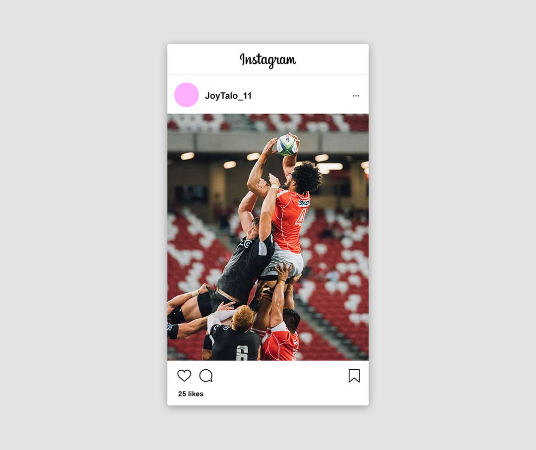 mock up of Joys instagram feed with a photo of rugby players jumping in the air