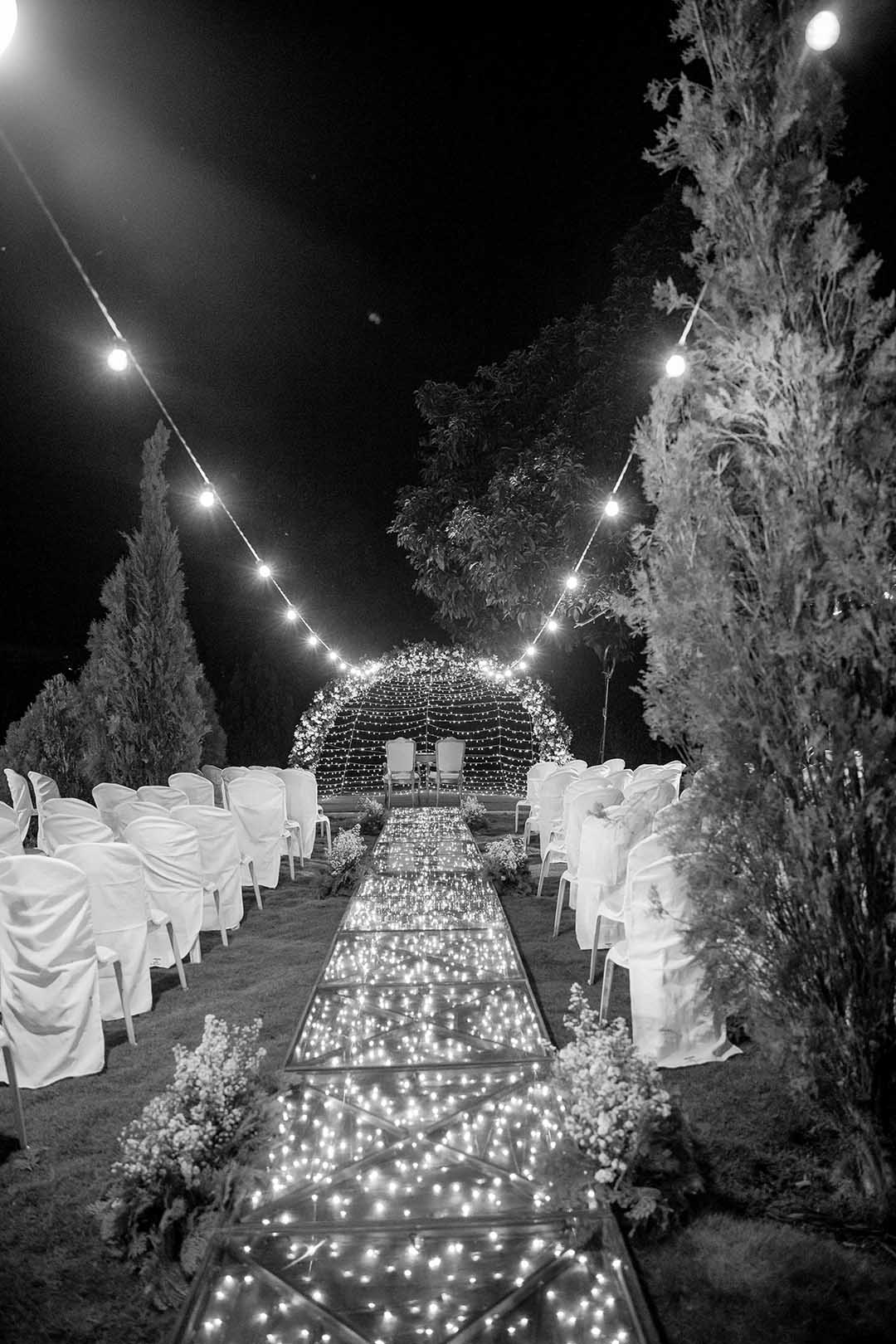 black and white image of a bridal walkway to the aisle