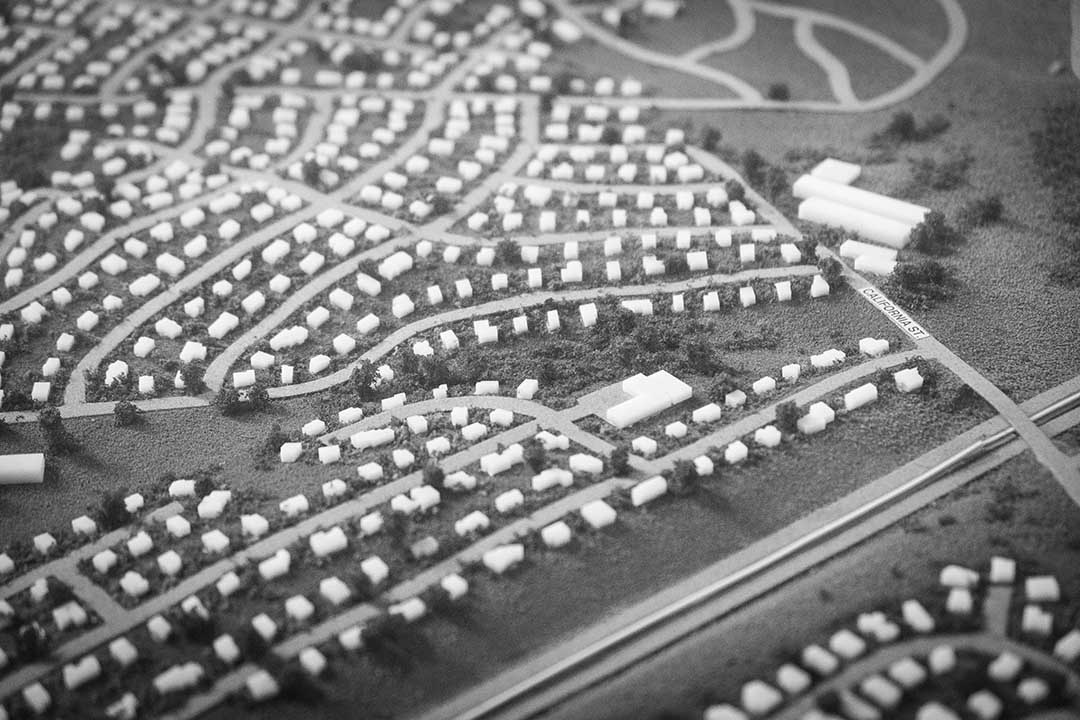 black and white aerial mock up of a town planned out