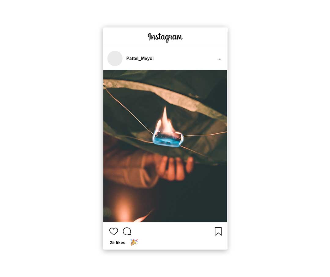 instagram mock of Meydis account with a close up of her hand holding the lit lantern in darkness