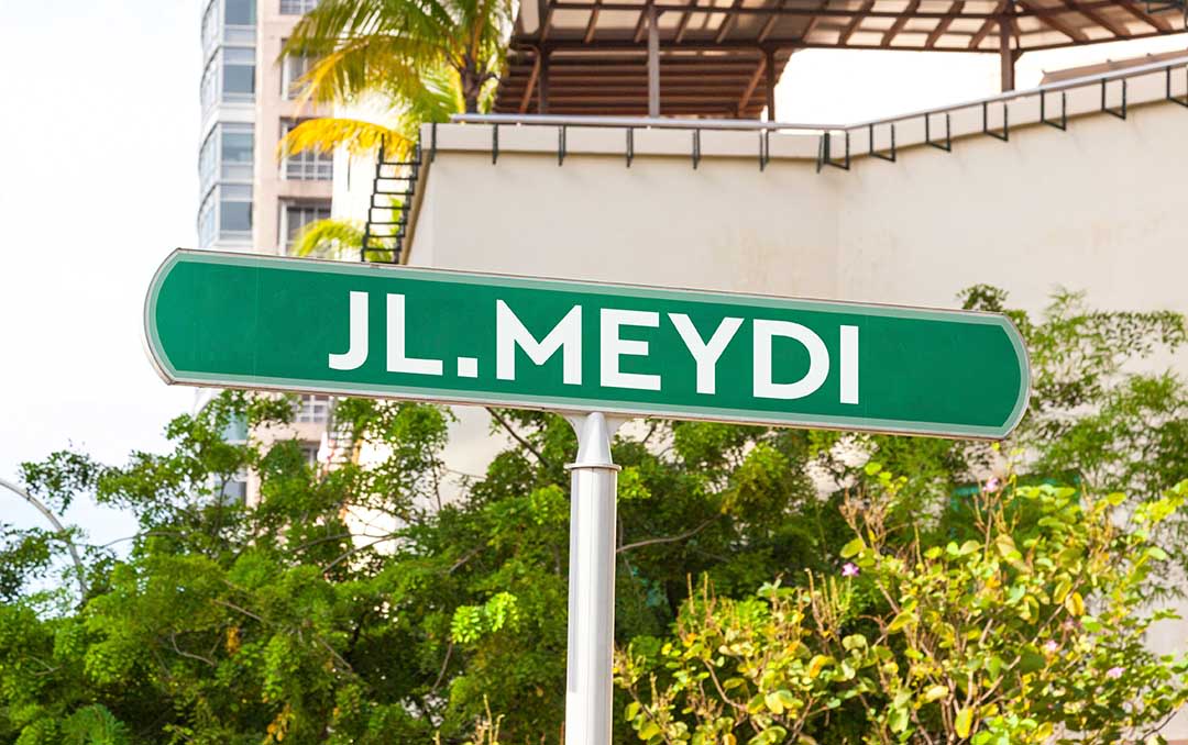 green street sign reading JL. Meydi with tropical plants in background