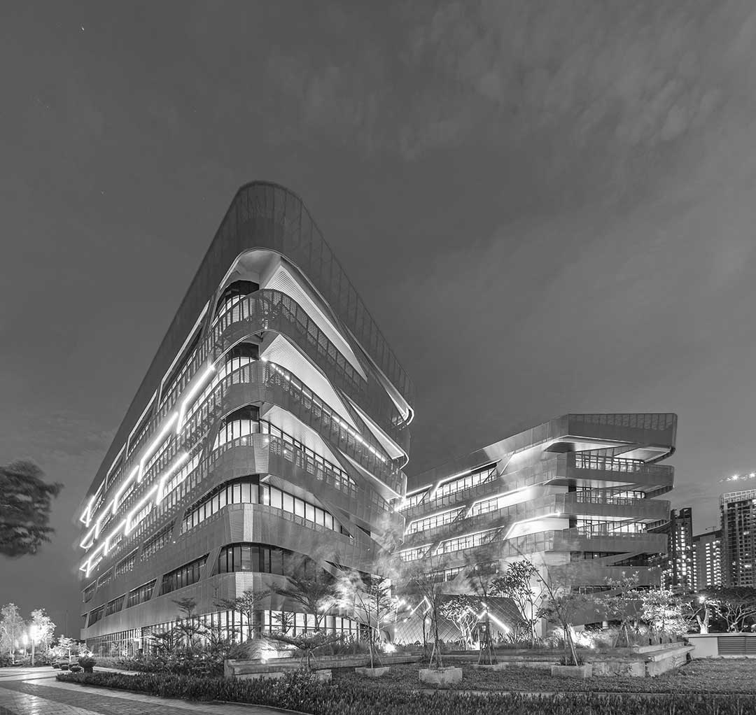 black and white image of monash university Indonesia building exterior