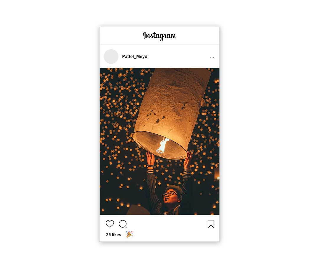 instagram mock from Meydis account with a warm toned image of a lit lantern being launched into the night sky