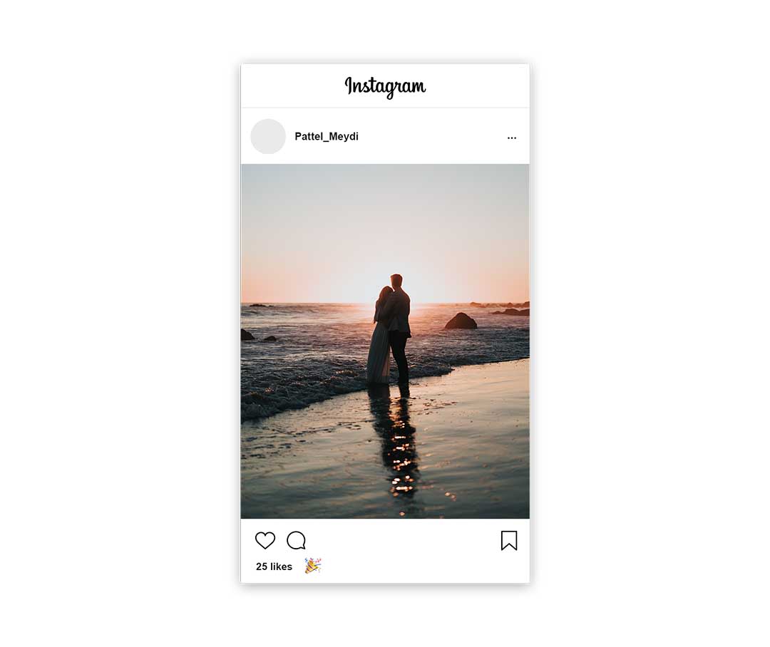 instagram mock of Meydis account with a sunset photo of her and her new husband on the beach with sunset in background