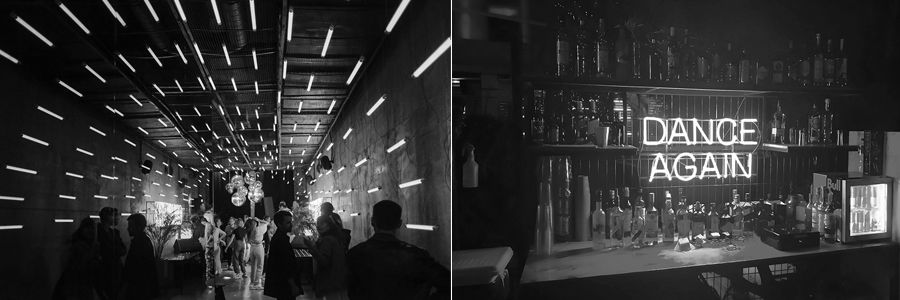 black and white images of a nightclub and a bar with sign reading dance again