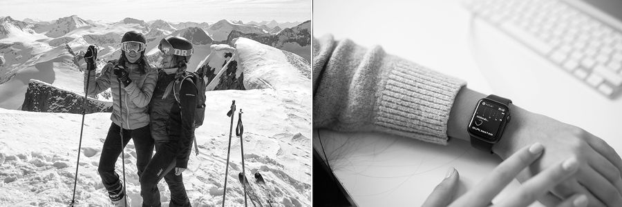 black and white image of olivia skiing with friends and olivia looking at her smart watch 