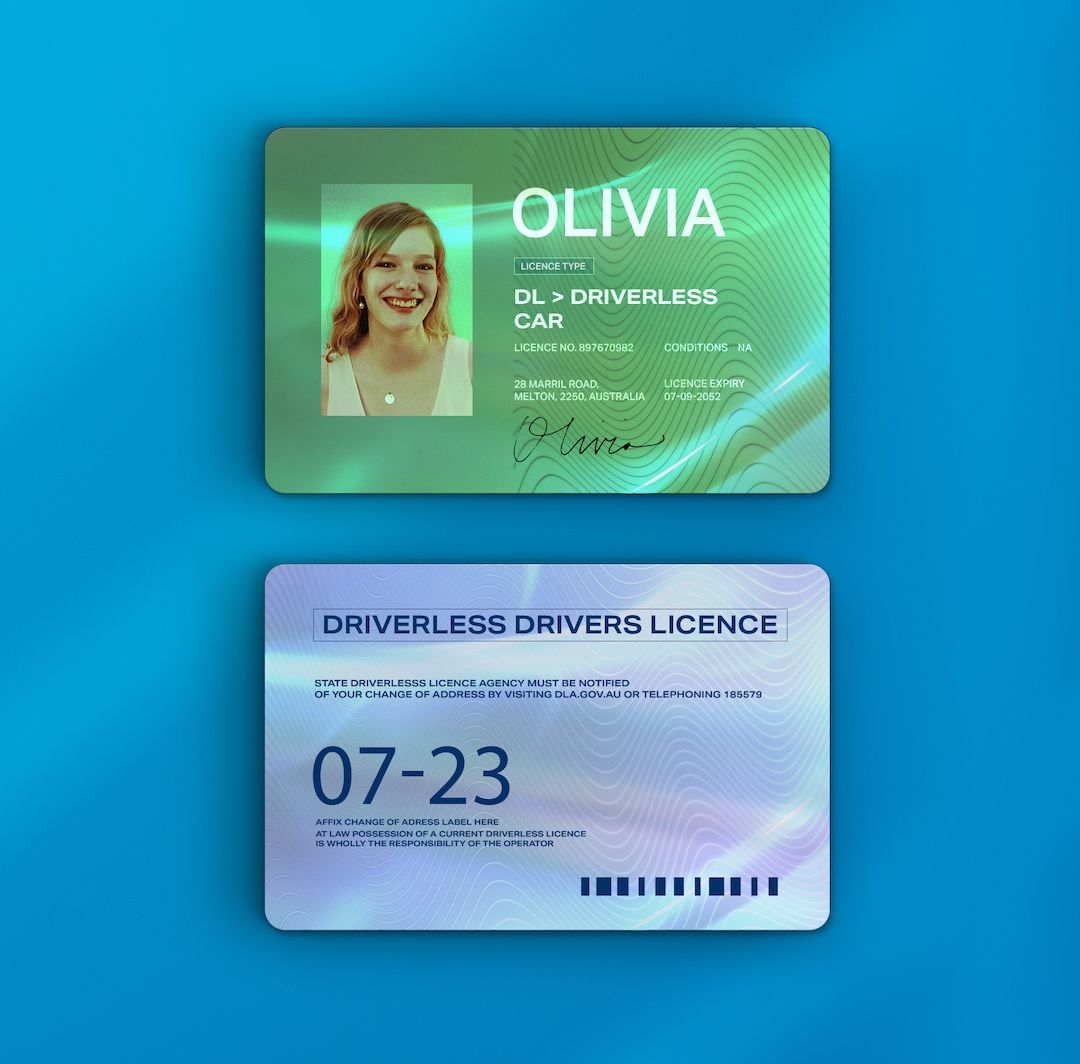 pretend driverless licence for olivia showing front and back of card
