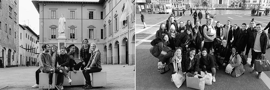 black and white group photos from olivias trip to italy