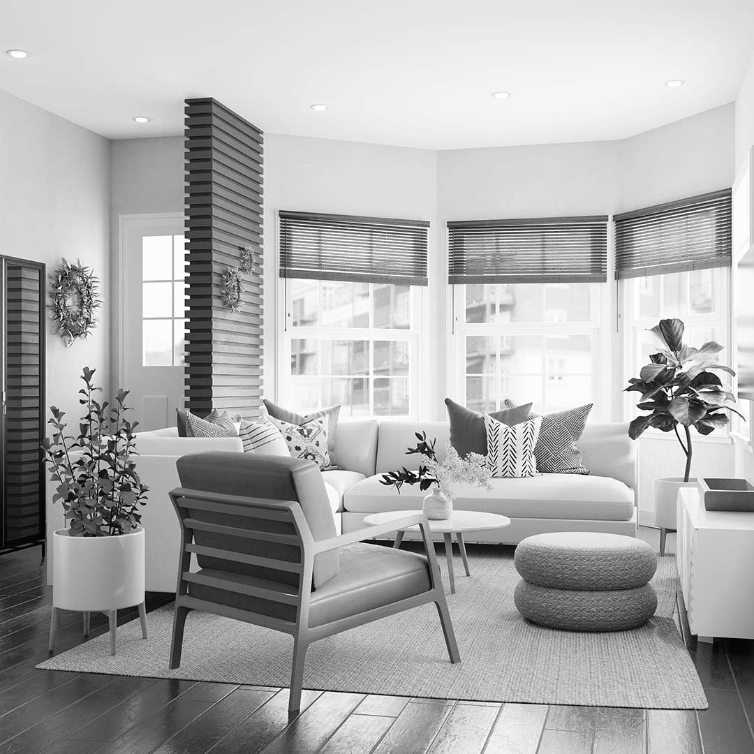 black and white image of a cosy looking living room in an aged care home