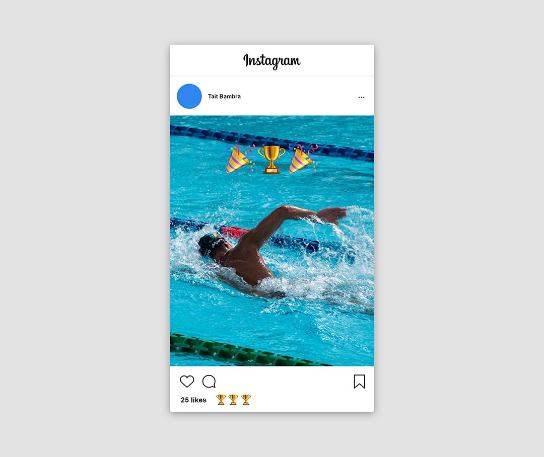 mock up image of Tait's instagram with an image of him swimming and emojis celebrating