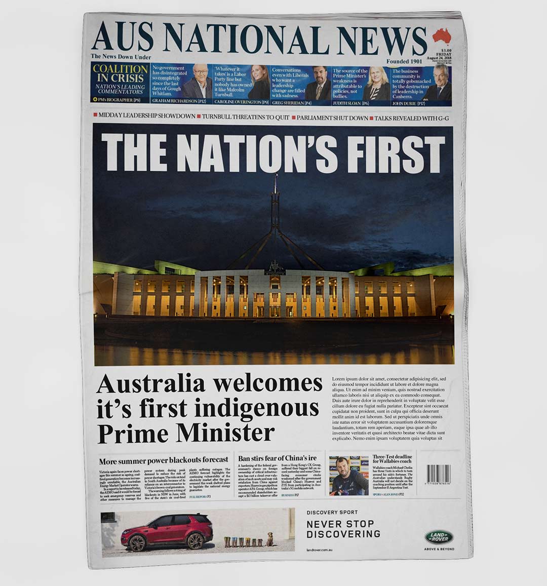 mock up of a newspaper with 'the nation's first' as a headline and an image of parliament house