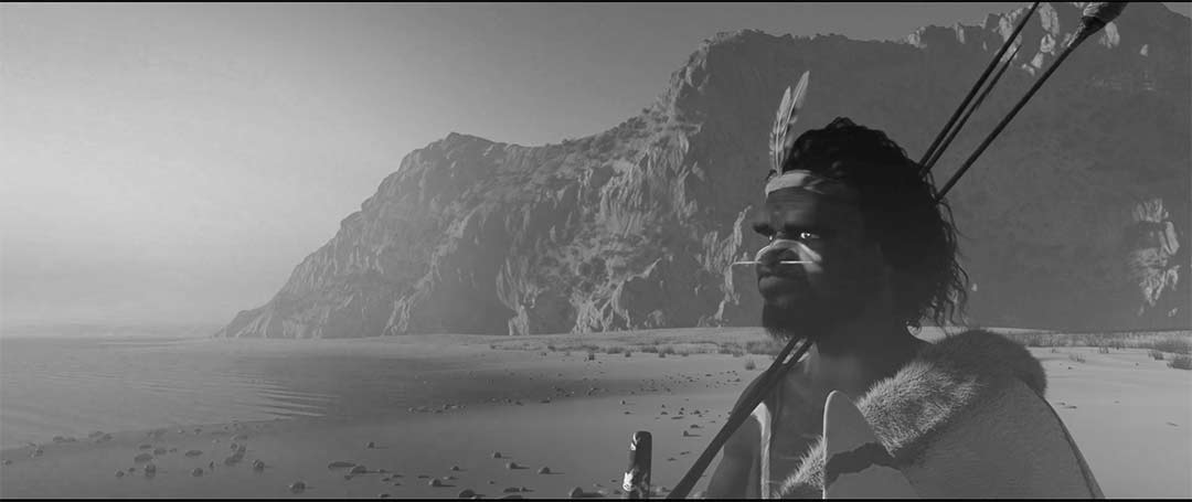 black and white render of an indigenous spirit on a beach