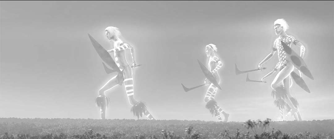 black and white image of a render of an indigenous spirit walking across plains