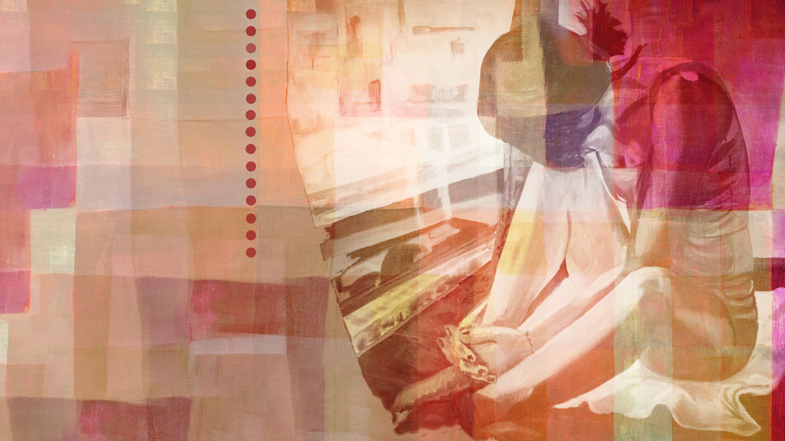 sad woman by window with red dots