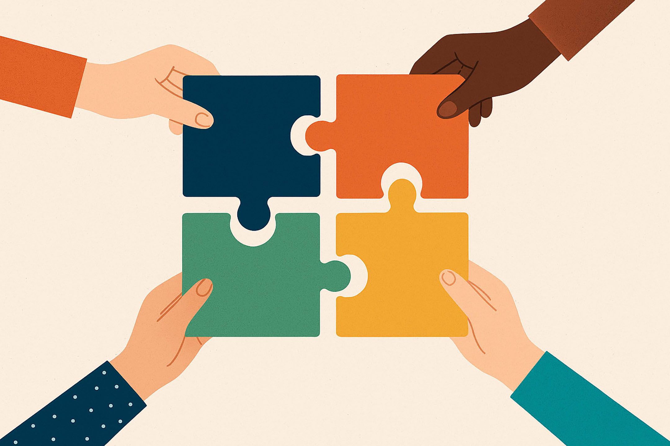 An illustration of four different hands placing colourful puzzle pieces together to form a square.