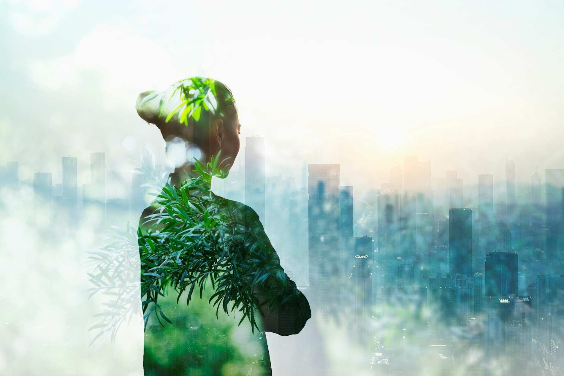 A photo-illustration of a woman's silhouette and a cityscape. She stands facing away from the camera and towards the city, her arms folded. There is green foliage layered over her silhouette.
