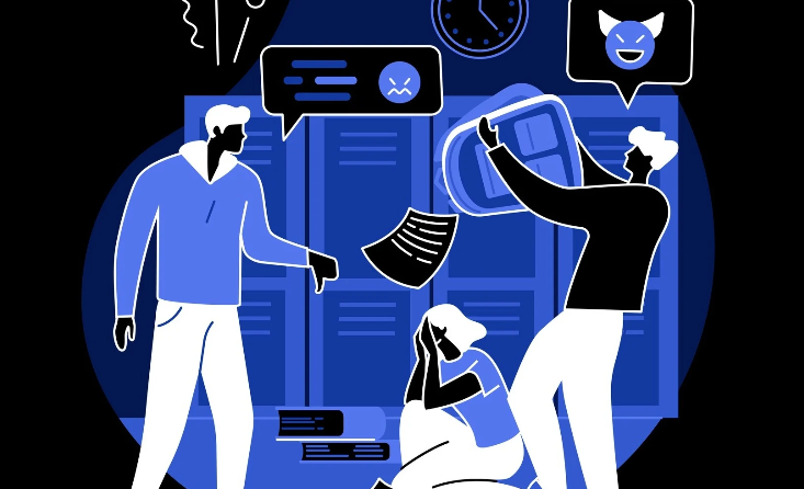 cartoon of people in school with technology icons